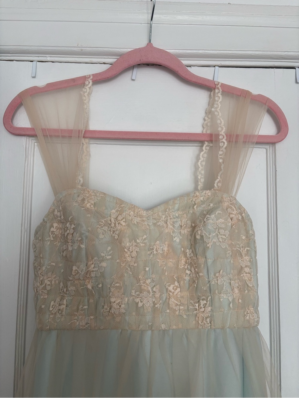 Vintage Pale Blue Chemise with Cream Lace Trim - Vintage